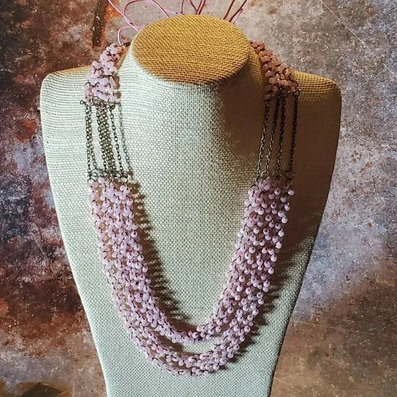 Edgy Little Pink Glazed Porcelain Beads Antique Brass Multistrand Necklace - Picture 1 of 8